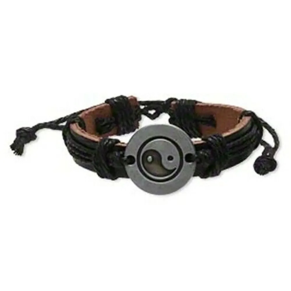 Handmade Brown Black Yin Yang Taoist Leather Silver Pewter Adjustable Bracelet